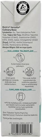 Rich's Versatie Professional Cream - Sıcak Mutfak Uygulamaları için Bitkisel Yağlı Şekersiz Krema - 1 L