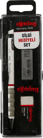 rOtring Tikky Mekanik Kurşun Kalem, Uç ve Silgi Seti, 0,7 mm Kalem, 2B Uç, Orta Boy Silgi, Beyaz, 3'lü Set