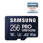 Samsung PRO Ultimate microSD kart + SD adaptörü, 256 GB, akıllı telefonlar, drone ve aksiyon kamerası, UHS-I U3, 200 MB/s okuma, 130 MB/s yazma, MB-MY256SA/WW