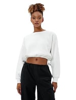 Şardonlu Crop Sweatshirt Bisiklet Yaka Beli Ribanalı Uzun Kollu