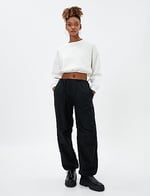 Şardonlu Crop Sweatshirt Bisiklet Yaka Beli Ribanalı Uzun Kollu