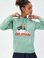 Şardonlu Kapüşonlu Sweatshirt Kedi Baskılı Kanguru Cepli