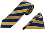 Sarı Gold Lacivert Çizgili Kravat Mendil Set