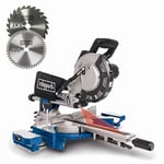 Scheppach HM216 gönye testere 2000 W, Ø 216 mm testere bıçağı, kesme kenarı lazerli ve LED'li 34 cm kesme genişliği, hızlı kilitli döner masa, 2 sert metal testere bıçağı dahil