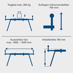 Scheppach Tezgah altı, gönye testereleri için çalışma masası çevresi 1600 (yükseklik 740 mm, yan uzatma 1,0 – 1,65 m, taşıma kapasitesi 200 kg, destek genişliği 384 mm)