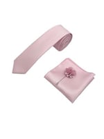 Şeker Pembe Kravat Mendil Yaka Çiçeği Set