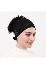 Sensu Kendinden Dantelli Fırfırlı Tesettüriç Bone,Sıyah Standart