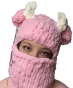 Sevimli Puffy Pembe Beyaz Boynuzlu Bere, El Örgüsü Balaklava
