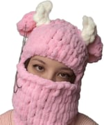 Sevimli Puffy Pembe Beyaz Boynuzlu Bere, El Örgüsü Balaklava