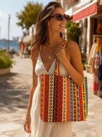 Shopexxtra Anadolu Kilim Desenli Kadın Tote Bag – Keten Omuz Çantası, Geniş Hacimli Günlük Kullanım & Alışveriş Çantası, 40x35x8 cm