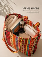 Shopexxtra Anadolu Kilim Desenli Kadın Tote Bag – Keten Omuz Çantası, Geniş Hacimli Günlük Kullanım & Alışveriş Çantası, 40x35x8 cm