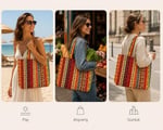 Shopexxtra Anadolu Kilim Desenli Kadın Tote Bag – Keten Omuz Çantası, Geniş Hacimli Günlük Kullanım & Alışveriş Çantası, 40x35x8 cm