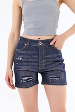 SİM DETAYLI YIRTMAÇ ORTA BEL DENIM ŞORT