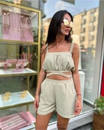 Sinem Altın Collection Keten Şortlu Takım,Haki Yeşili