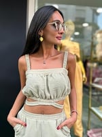 Sinem Altın Collection Keten Şortlu Takım,Haki Yeşili