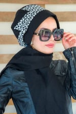 Siyah Beyaz Kaşe Tesettür Bere -30200