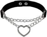 Siyah Deri Tasma Kalp Zincirli 37 Cm Choker Çıt Çıtlı Kadın Kolye
