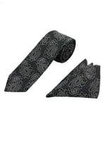 Siyah Gri Şal Desen Kravat Mendil Set