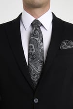 Siyah Gri Şal Motif Desen Kravat Mendil Set