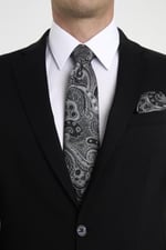 Siyah Gri Şal Motif Desen Kravat Mendil Set
