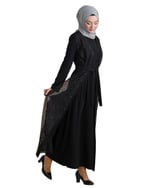 Siyah İkili Abaya Transparan Kristal Taşlı Kemerli Tesettür Ferace