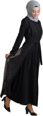Siyah İkili Abaya Transparan Kristal Taşlı Kemerli Tesettür Ferace