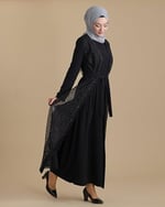 Siyah İkili Abaya Transparan Kristal Taşlı Kemerli Tesettür Ferace