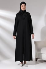 Siyah Kadın Fermuarlı Tek Parça Kendinden Örtülü Namaz Elbisesi
