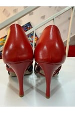 SİYAH -KIRMIZI SATEN 7 BANTSATEN DANS VE SALON AYAKKABISI 8,5 CM 13 PONT KONİ MODEL KAPALI TOPUK
