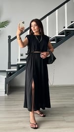Siyah Modal Büzgülü Bluz-Etek Takım