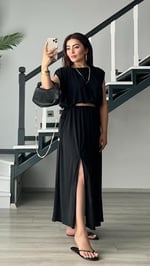 Siyah Modal Büzgülü Bluz-Etek Takım