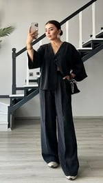 Siyah Tnsel Tek Düğme Bluz-Pantolon Takım - Bedenler: S, M
