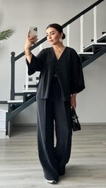 Siyah Tnsel Tek Düğme Bluz-Pantolon Takım - Bedenler: S, M