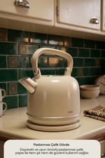 SK-8035 Bej Retro Kettle 2.2L Paslanmaz Çelik Elektrikli Su Isıtıcı 360° Kablosuz 1800W