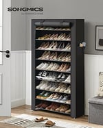 SONGMICS 10 Katlı Ayakkabı Rafı 28x88x160 cm Ayakkabı Dolabı, Ayakkabı Depolama, Toz Geçirmez Kapaklı Ayakkabı Organizatörü, Yüksek Topuklu Spor Ayakkabı için uygun, Metal Raf, siyah, RXJ36HV1