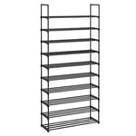 SONGMICS 10 Seviyeli Ayakkabı Rafı, 50 Çifte Kadar Metal Ayakkabı Saklama Yeri, Oturma Odası, Koridor ve Giyinme Odası İçin Ayakkabı Düzenleyici, 92 x 30 x 194 cm, Siyah Lsa10Bk