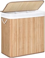 SONGMICS çamaşır sepeti, çamaşır toplayıcı, bambudan yapılmış, kulplu çamaşır sandığı, 3 bölme, klipsli kapak, 150 L, katlanabilir, çamaşır odası, yatak odası, banyo, doğal  - Seçenekler: 100 L, 150 L