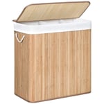 SONGMICS çamaşır sepeti, çamaşır toplayıcı, bambudan yapılmış, kulplu çamaşır sandığı, 3 bölme, klipsli kapak, 150 L, katlanabilir, çamaşır odası, yatak odası, banyo, doğal  - Seçenekler: 100 L, 150 L