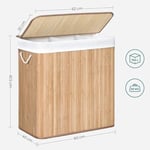 SONGMICS çamaşır sepeti, çamaşır toplayıcı, bambudan yapılmış, kulplu çamaşır sandığı, 3 bölme, klipsli kapak, 150 L, katlanabilir, çamaşır odası, yatak odası, banyo, doğal  - Seçenekler: 100 L, 150 L