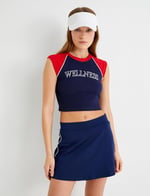 Spor Kolsuz Crop Tişört Renk Bloklu Yuvarlak Yaka Baskılı Ribanalı Slim Fit