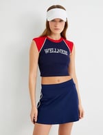 Spor Kolsuz Crop Tişört Renk Bloklu Yuvarlak Yaka Baskılı Ribanalı Slim Fit