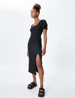 Square Neck Puff Sleeve Midi Slit Dress