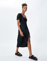 Square Neck Puff Sleeve Midi Slit Dress