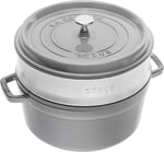 STAUB Dökme demir kızartma tavası / Cocotte buhar eklentili, yuvarlak 26 cm, 5.2 l, tencerenin içinde mat siyah emaye kaplama, grafit grisi