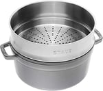 STAUB Dökme demir kızartma tavası / Cocotte buhar eklentili, yuvarlak 26 cm, 5.2 l, tencerenin içinde mat siyah emaye kaplama, grafit grisi