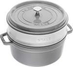 STAUB Dökme demir kızartma tavası / Cocotte buhar eklentili, yuvarlak 26 cm, 5.2 l, tencerenin içinde mat siyah emaye kaplama, grafit grisi