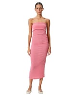 Straplez Elbise Midi Bodycon Bürümcük Kolsuz Drapeli Slim Fit Bürümcük