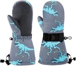 Su Geçirmez Erkek Çocuk Bere Eldiven Set 2-4 Yaş Kayak Snowboard Gri Mavi Dino, 2-4 Yaş