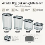 Sürgülü Kapaklı Saklama Kabı Seti, 7 Litre, 4 Farklı Boyut, Büyük Küçük Boy Gıda Erzak Depolama Kutusu, Plastik Mutfak Düzenleyici Organizer, Kolay ve Zahmetsiz Kullanım (0,8/1,6/2,4/3,16 L)