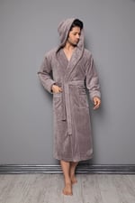 Taş Biyeli Uzun Kapüşonlu Bambu Pamuklu Erkek Bornozu Taş L/XL